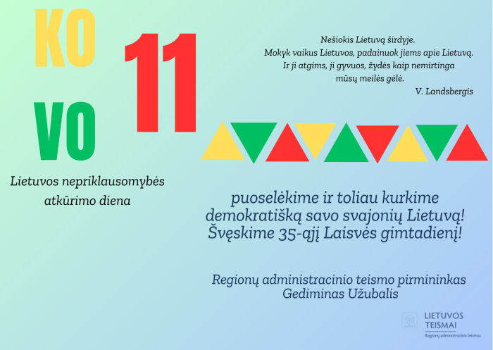 Sveikinimas Lietuvos nepriklausomybės atkūrimo dienos proga